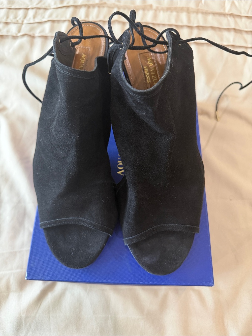 Aquazzura Black Suede Peep-Toe Lace-Up Mules